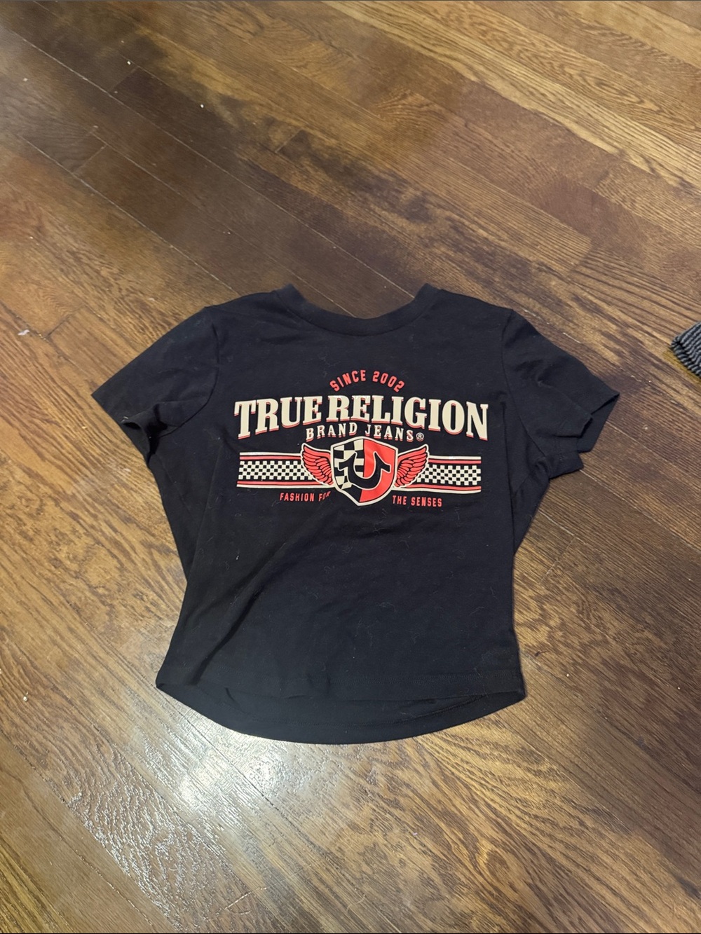 True Religion Black Tee with Red and Cream Graphic